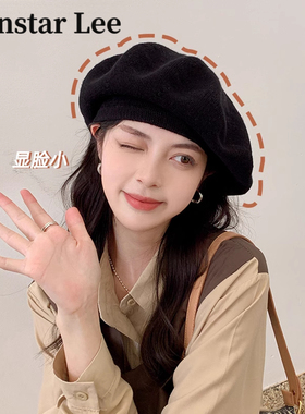 显脸小~黑色贝雷帽大头围女