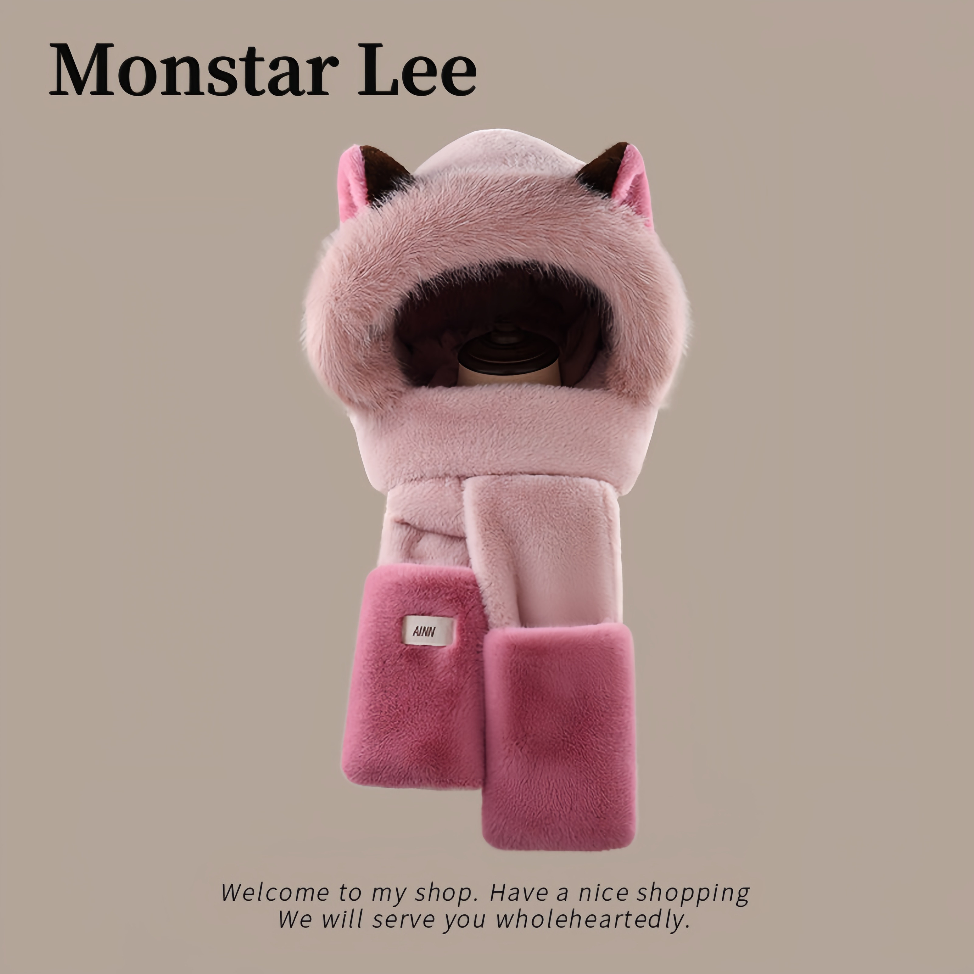 MonstarLee可爱毛绒帽子围巾一体女冬防风护耳连帽骑车保暖三件套