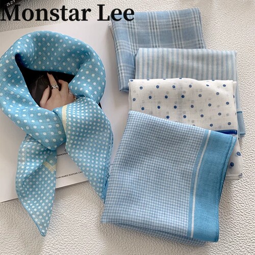 Monstarlee蓝色包头巾女高级感发带透气文艺小方巾百搭丝巾三角巾