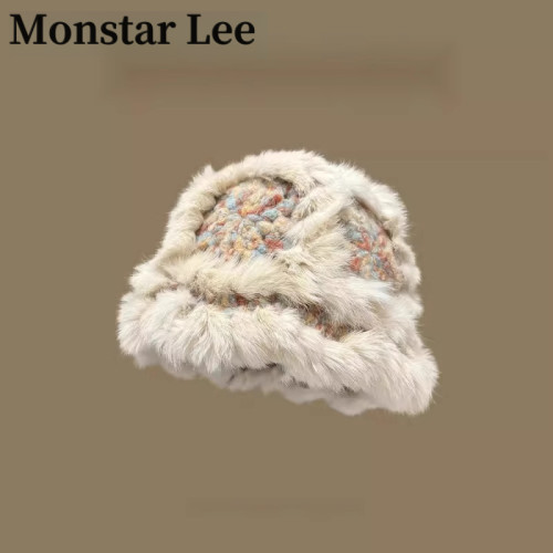 Monstar Lee真兔毛云朵针织醒狮帽子女冬季保暖毛绒绒盆帽显脸小