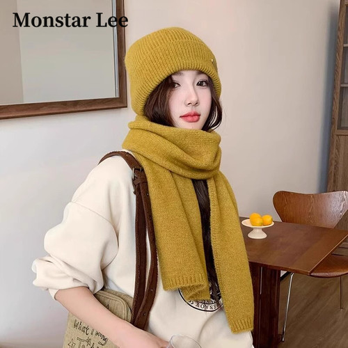 Monstar Lee黄色围巾帽子两件套女冬韩版百搭保暖针织套头帽围脖