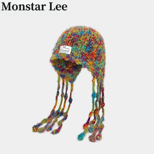 MonstarLee针织彩色流苏毛线帽