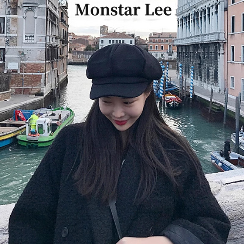 Monstar Lee韩国复古文艺黑色毛呢八角帽女秋冬英伦报童帽画家帽