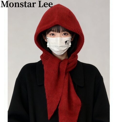 MonstarLee红色巴拉克拉法帽子女秋冬保暖针织显脸小毛线连帽围巾