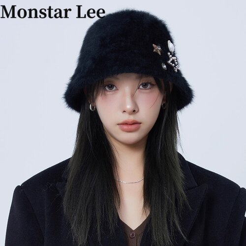 MonstarLee手工水钻秋冬加厚兔毛毛线帽女时尚保暖护耳网红水桶帽