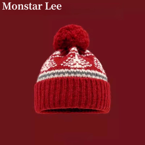 Monstar Lee复古费尔岛风红色毛线帽子女秋冬加厚保暖可爱针织帽