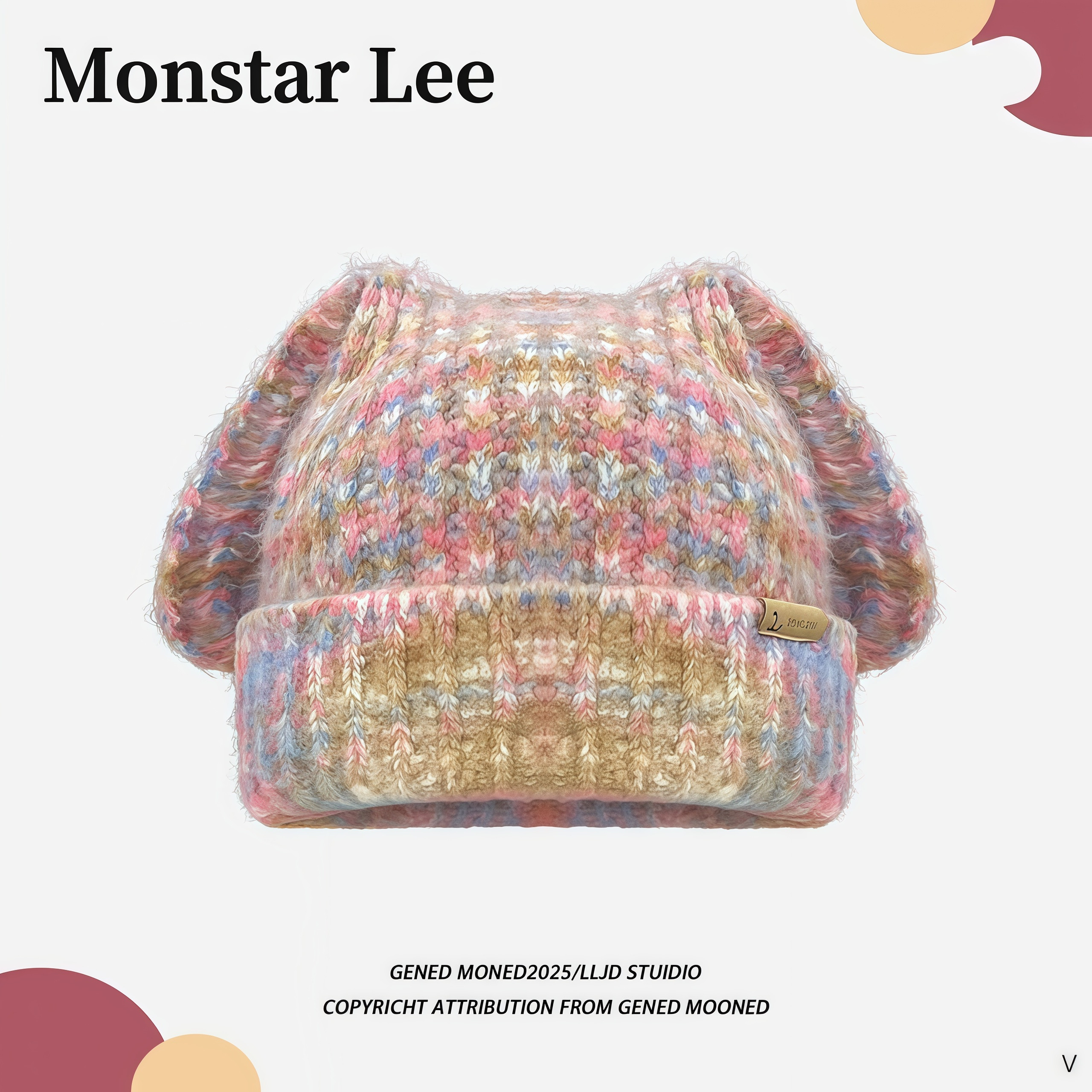 MonstarLee可爱兔耳混色针织毛线帽女冬保暖加厚大头显脸小包头帽