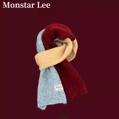 MonstarLee多巴胺撞色羊毛围巾女冬保暖百搭软糯针织围脖学生拼色