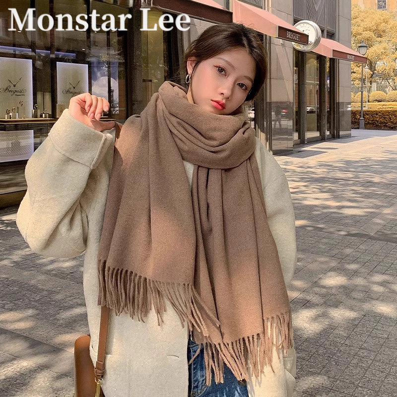 Monstar lee围巾女冬季仿羊绒纯色加厚保暖卡其色高级感超大披肩