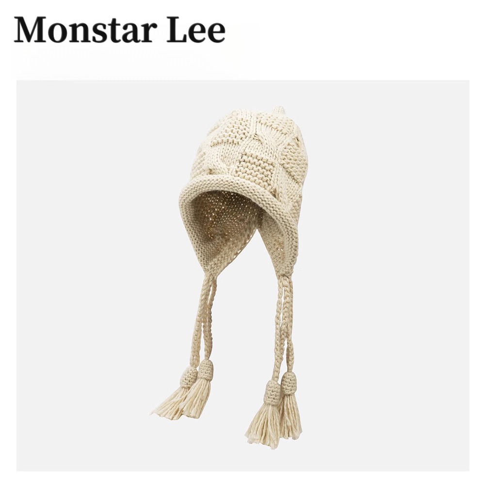 Monstar Lee护耳保暖针织帽毛线帽女冬日系麻花辫子流苏套头冷帽