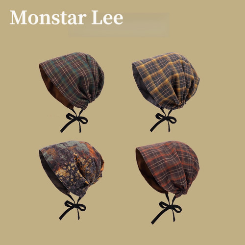 Monstar Lee废土风复古格纹堆堆帽女薄款辣妹包头帽套头帽冷帽子