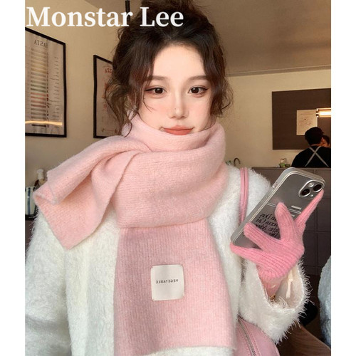 MonstarLee软糯粉色针织毛线围巾女冬韩系氛围感情侣保暖护颈围脖