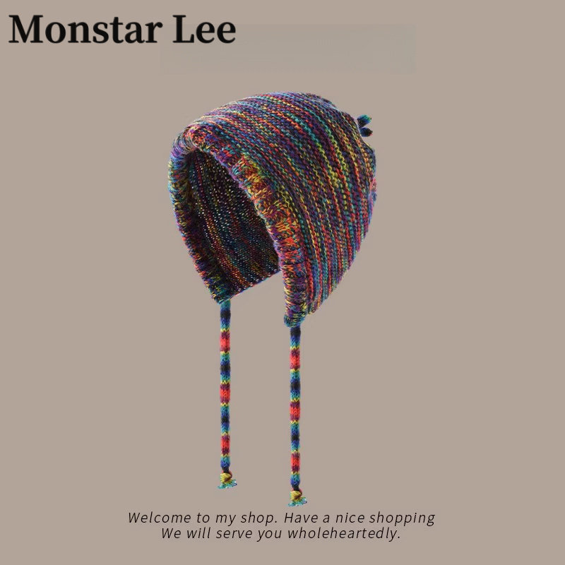 Monstar Lee彩虹毛线帽子女秋冬显脸小针织帽绑带保暖护耳包头帽