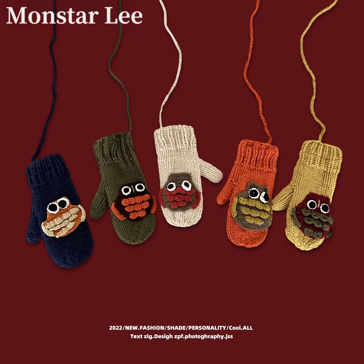 Monstar lee日系可爱软萌卡通挂脖毛线手套女冬保暖加绒骑车手套