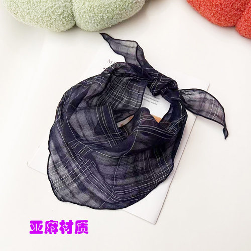日系格子亚麻三角巾夏护颈小围巾