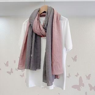 春秋冬季薄围巾女日系文艺拼色纱巾仿棉麻亚麻丝巾妈妈护颈围脖子