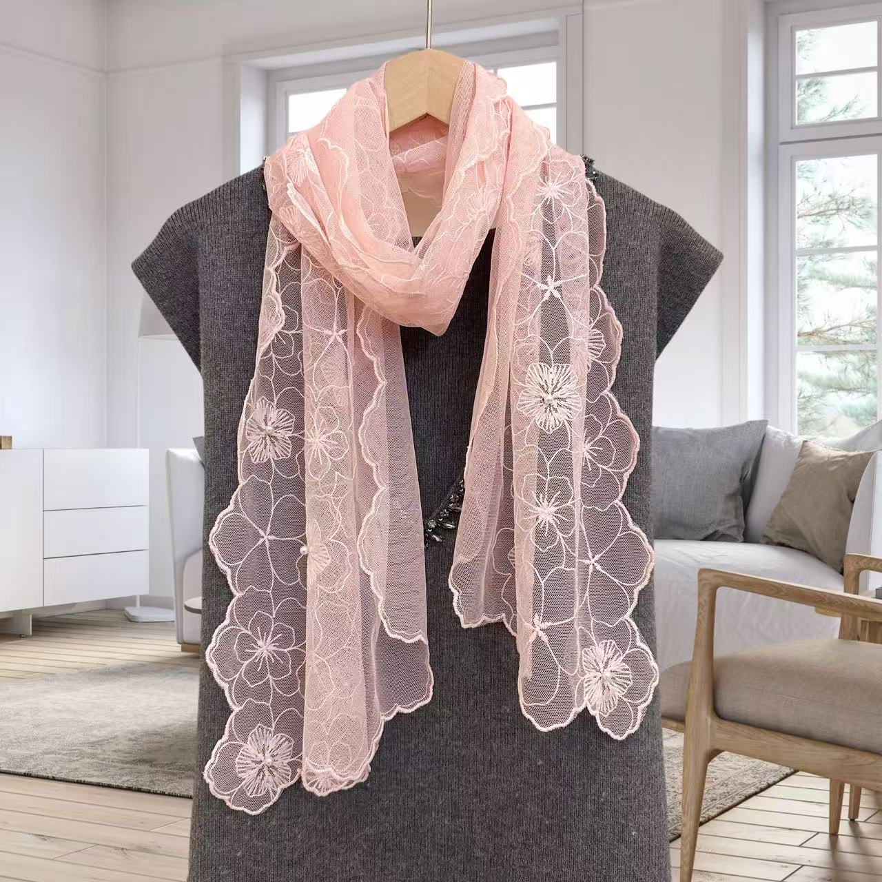 新款刺绣蕾丝纯色时尚纱巾发带百搭丝巾法式围巾装饰春秋头巾领巾