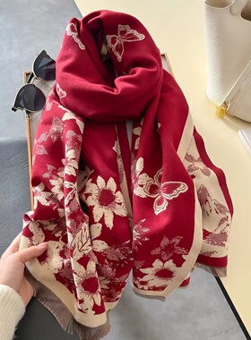 新年红色围巾女仿羊绒高档复古百搭学生加厚围脖两用空调披肩外搭