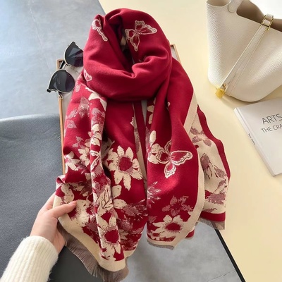 红色围巾女仿羊绒披肩外搭学生