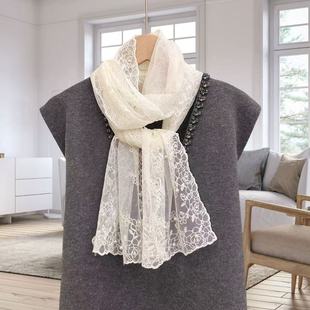 2025新款春秋钉珠刺绣蕾丝长条丝巾百搭装饰小领巾衬衫搭配围巾