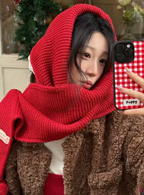 新年红色毛球针织围巾女2025冬季纯色百搭加厚保暖护颈毛线围脖潮