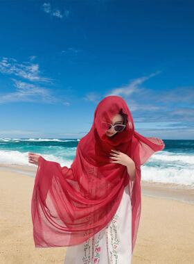 纯色丝巾女夏季韩版百搭薄纱巾红色遮阳棉麻围巾海边沙漠防晒披肩