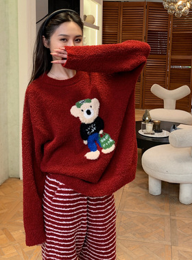 CACA绵绵热能睡衣套装提花小熊冬季加绒加厚半边绒家居服宽松保暖
