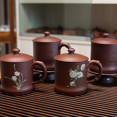 230cc山茶花精品女士杯紫砂小盖杯茶具泥绘堆花刻绘主人杯子手工