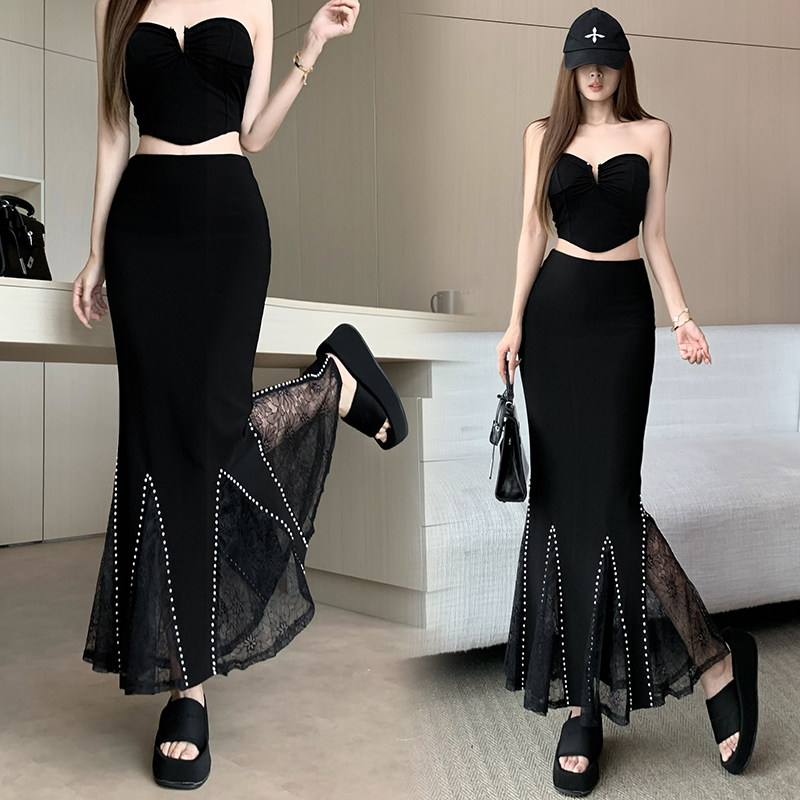 黑色蕾丝拼接西装半身裙女夏季中长款设计感网纱开叉鱼尾包臀长裙