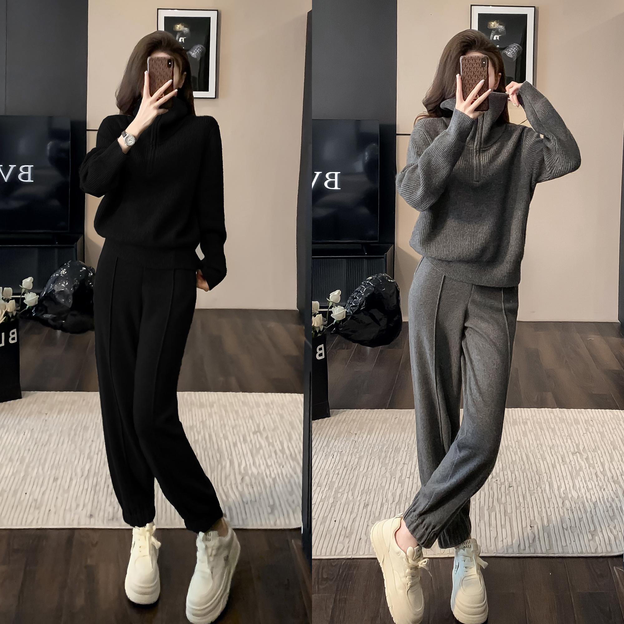 欧货休闲运动套装女秋冬新款宽松时尚设计感立领纯色卫衣两件套