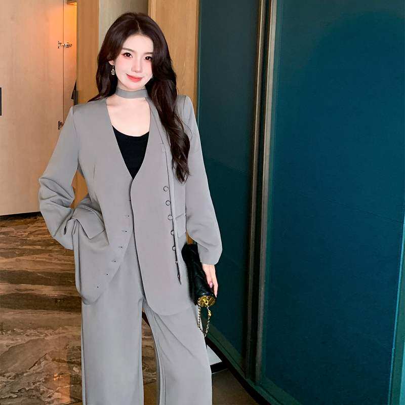 2024秋装新款西装阔腿裤两件套女宽松外套气质套装