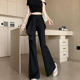 屁帘绑带微喇裤女高腰修身显瘦休闲裤黑色白色时尚糯米喇叭裤