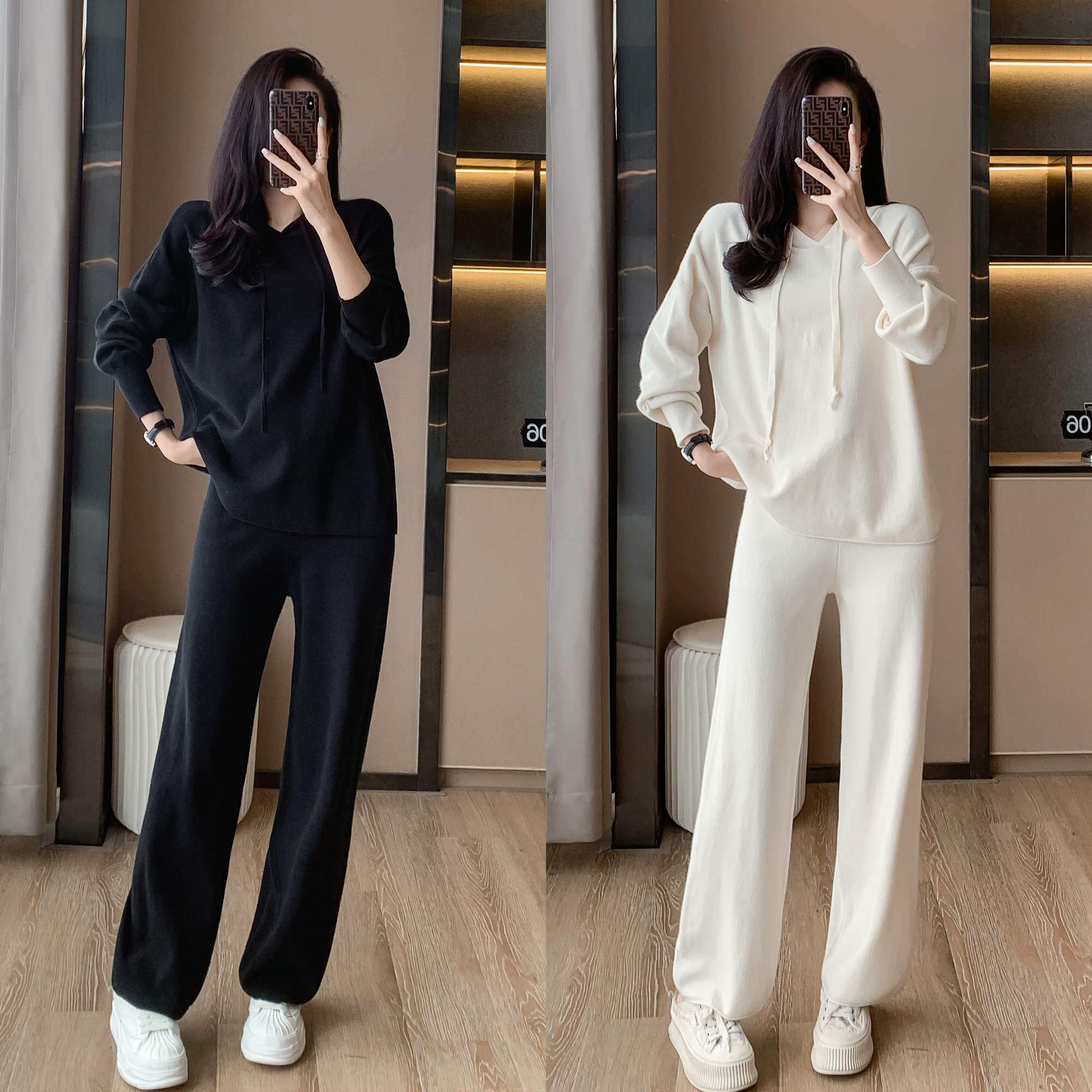 慵懒风连帽针织套装女2024秋冬季新款休闲上衣裤子两件套