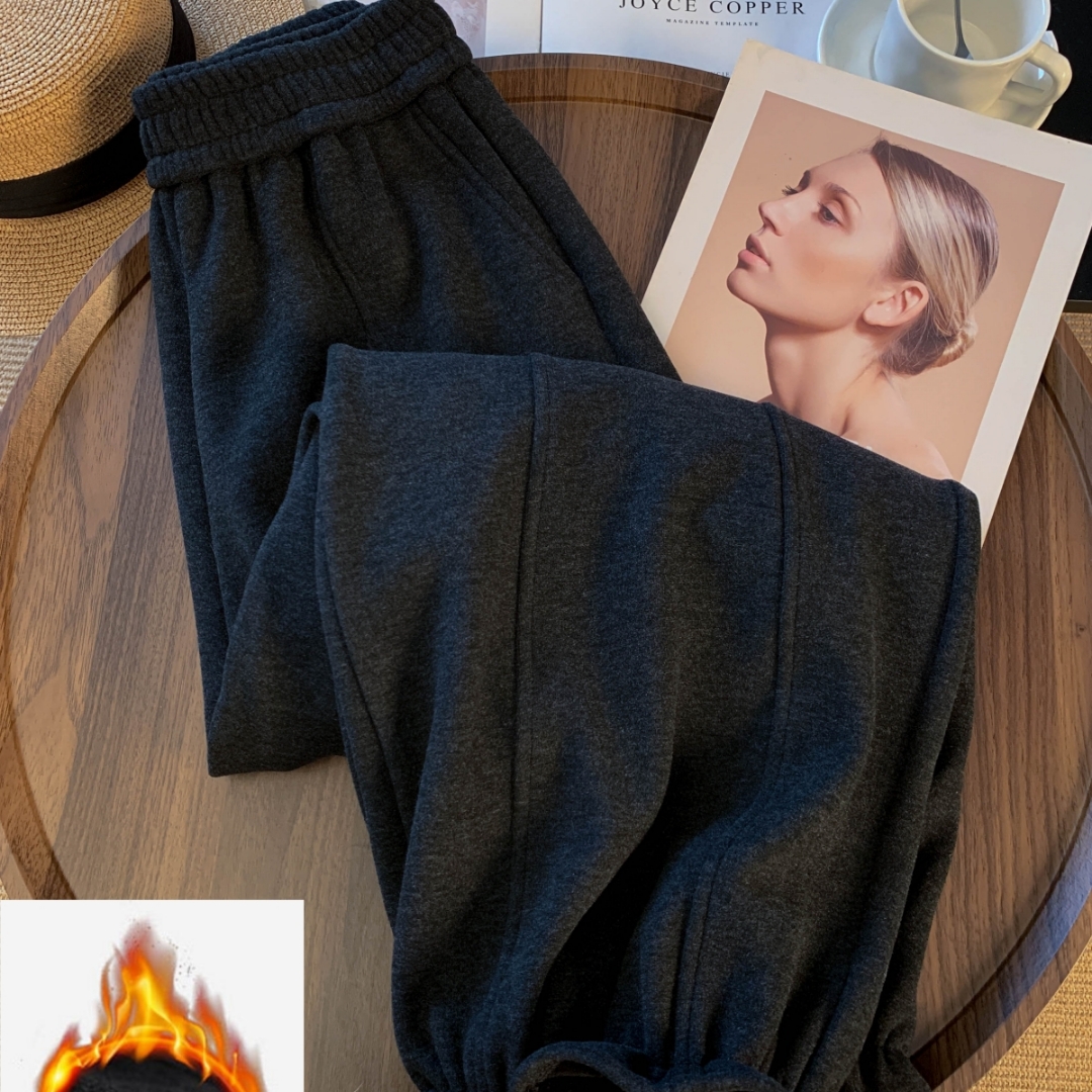 灰色阔腿裤2025新款女羊羔绒秋冬加绒休闲小个子花苞糯米裤子