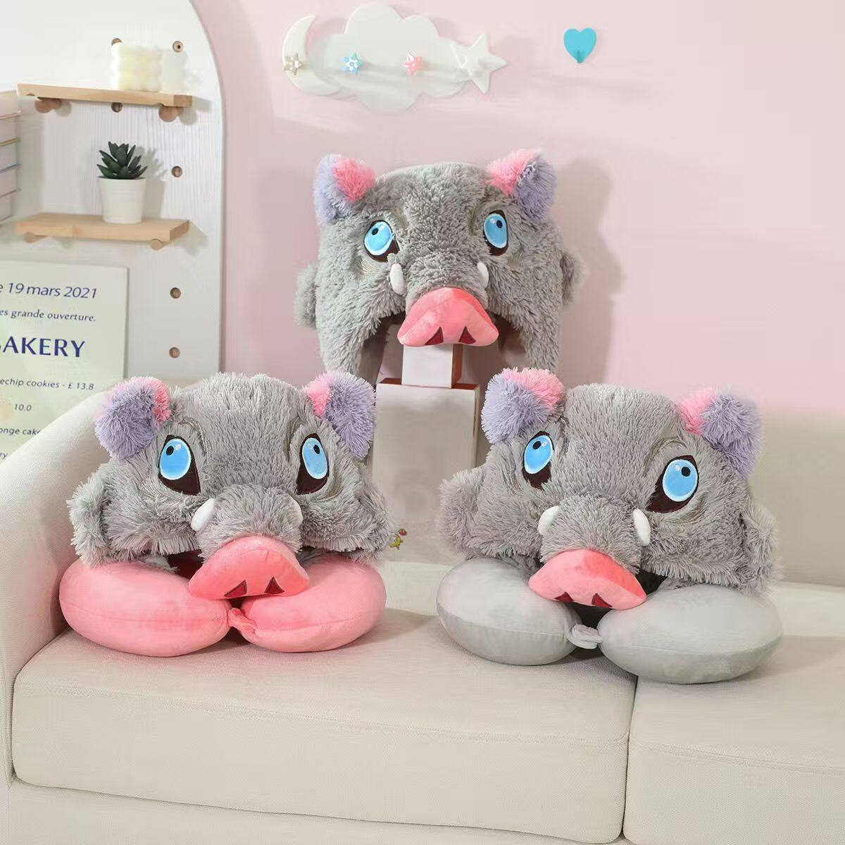 卡通可爱毛绒鬼灭之刃嘴平伊之助猪猪头连帽U型枕旅行颈枕