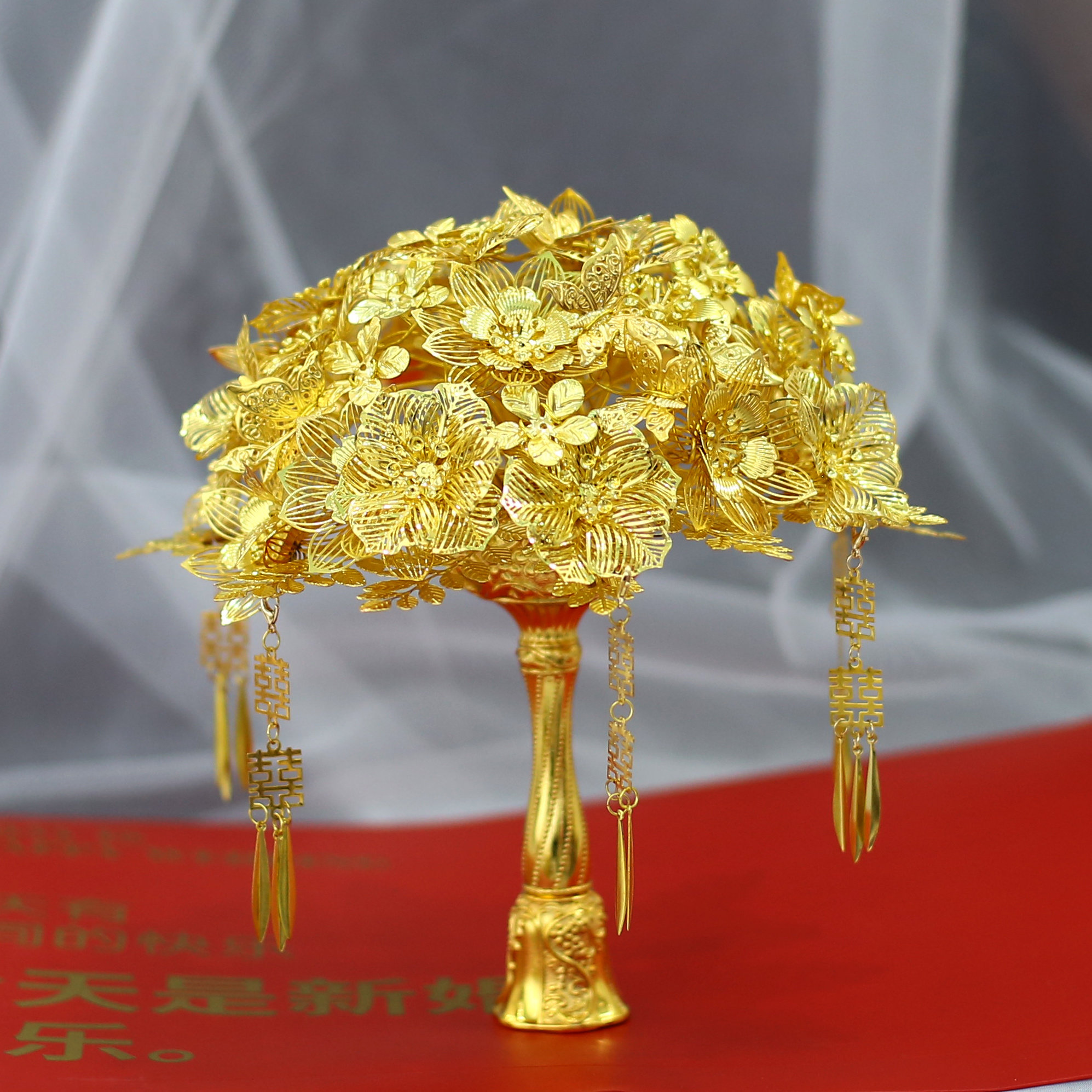 中式新娘闺蜜结婚仿金高级重工精致仿金色蝴蝶成品DIY手捧花蝴蝶