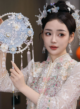 新娘结婚秀禾服团扇新中式双面成品遮面扇面蓝色花朵蕾丝成品喜扇