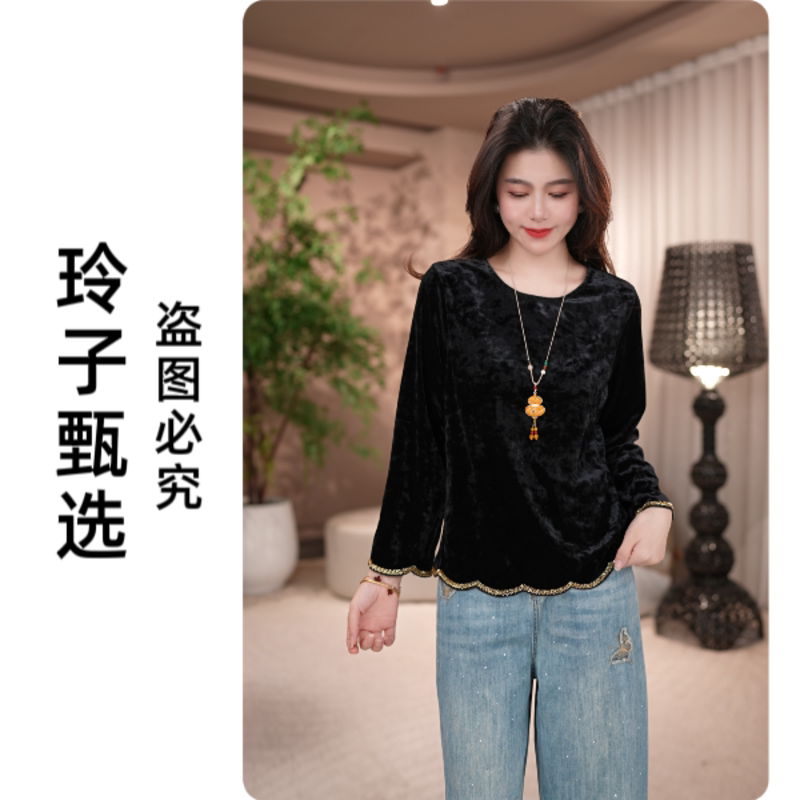 【素瑶】韩版秋季休闲风女装波浪纹气质黑色丝绒衬衫长袖水滴扣小