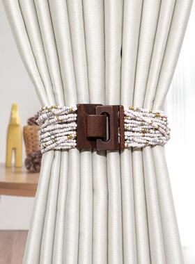 手工穿米珠五色配木扣免壁钩一对装窗帘绑带扎束带绑绳饰品配件