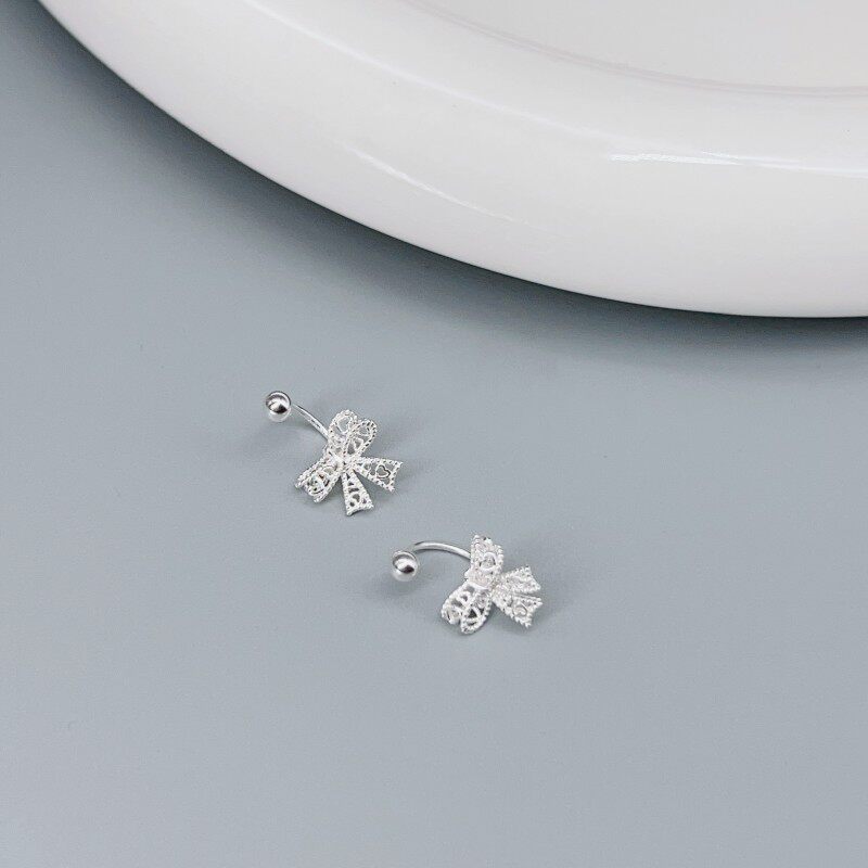 爱唯雅 S999足银蝴蝶结耳钉女纯银螺丝拧防掉耳钩养耳洞免摘耳饰