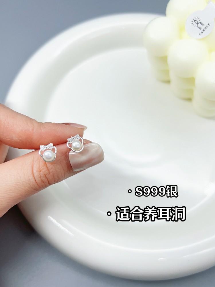 爱唯雅999纯银蝴蝶结珍珠耳钉女