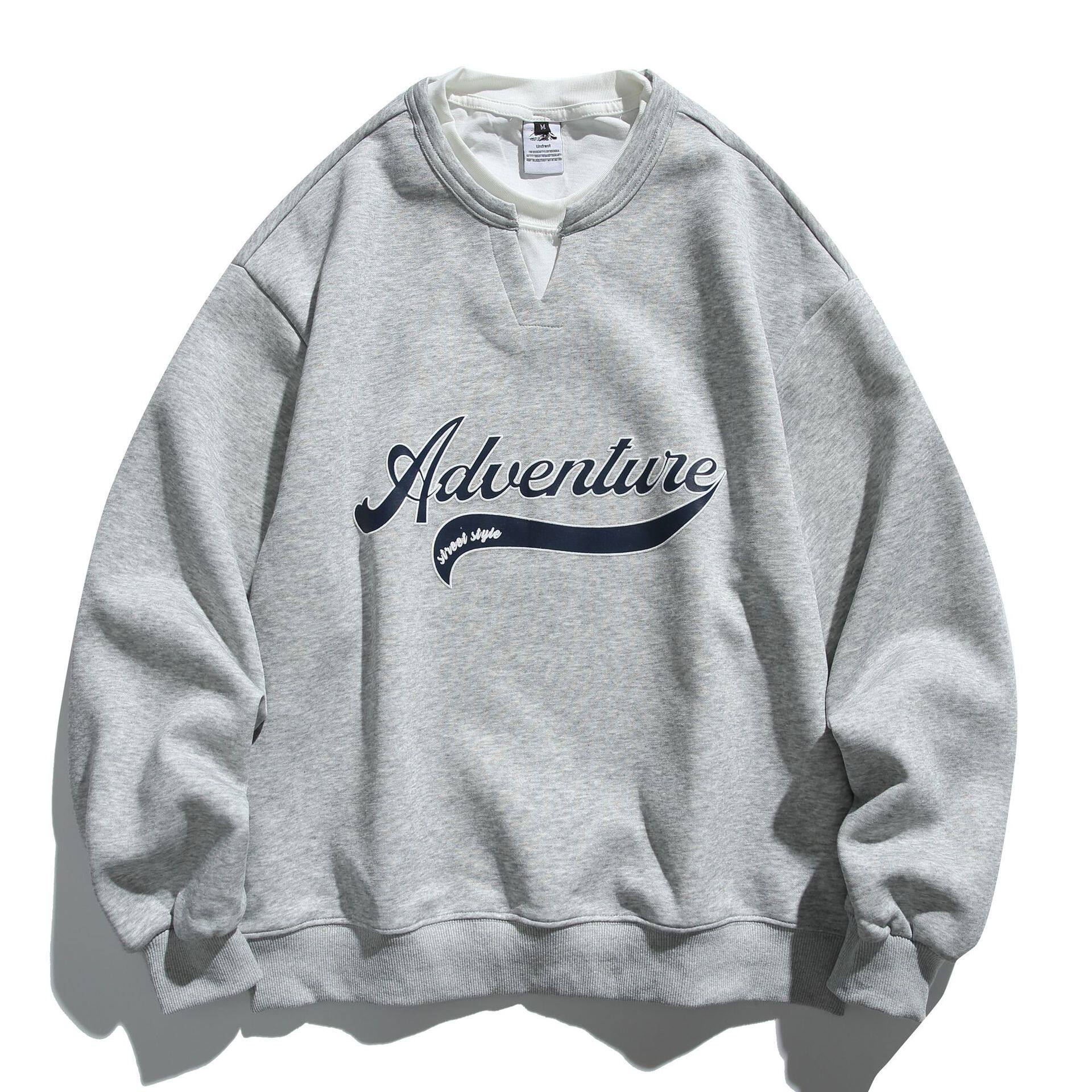 美式复古学院风字母印花假两件拼接圆领卫衣男女宽松休闲套头衫潮