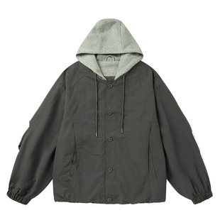 美式复古假两件连帽夹克男春季新款百搭宽松冲锋衣外套潮