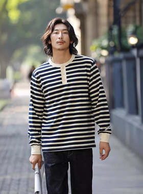OKONKWO 230克重磅长袖条纹亨利领T恤甲板海魂衫henry shirt TEE