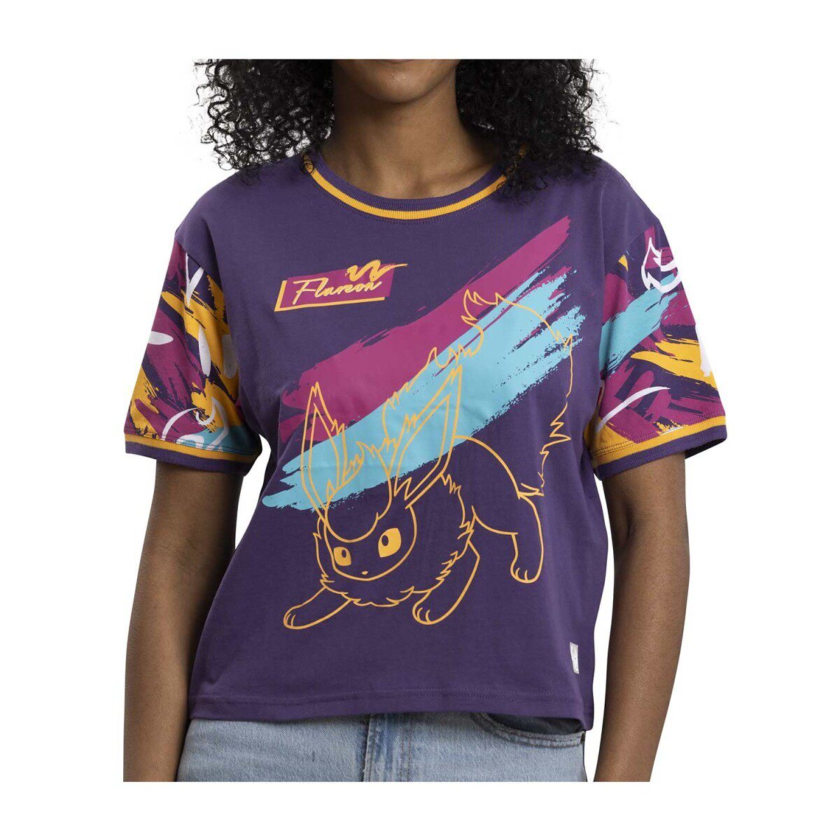 美国代购宝可梦中心女款火伊布圆领T恤紫色复古设计
