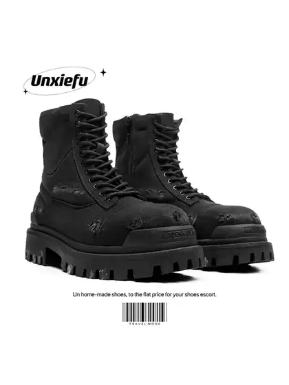 Paris New Style Work Boots for Men, Fleece-Lined Snow Boots, Black Canvas Wasteland Style High-Top Motorcycle Boots, Thick-Soled Martin Boots