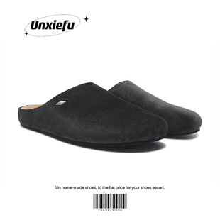 UNZIZHI 2025年新款男女黑色大头勃肯鞋休闲增高厚底半拖真皮拖鞋