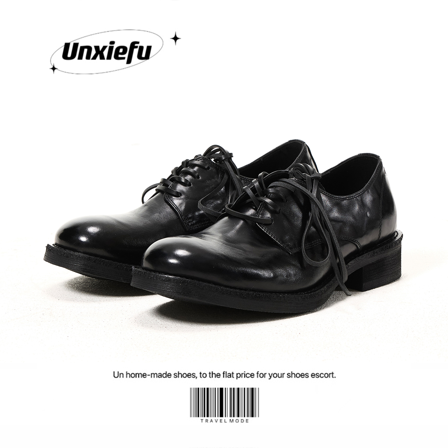 水洗牛皮圆头手工德比皮鞋男