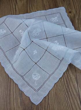 江南绣坊 手工抽纱刺绣纯棉薄款淡蓝手帕单层礼品绣花手绢 H4231