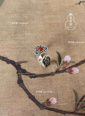 复古国风通体s925银做旧南红如意开口可调节新中式纯银指环